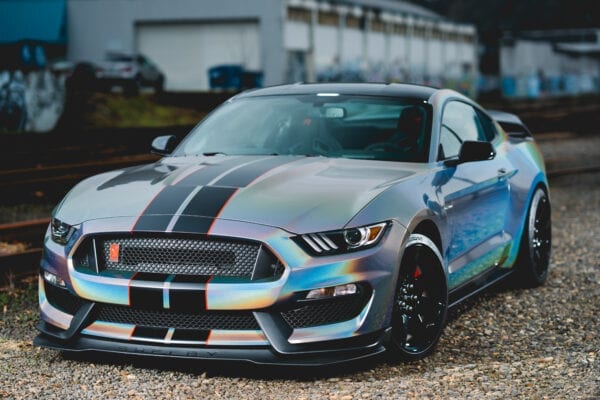 3M 2080-GP281 Gloss Flip Psychedelic Wrap Film on a Ford Mustang